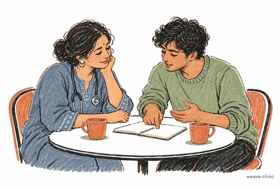 A clinician listening as a young adult explains something in his notebook