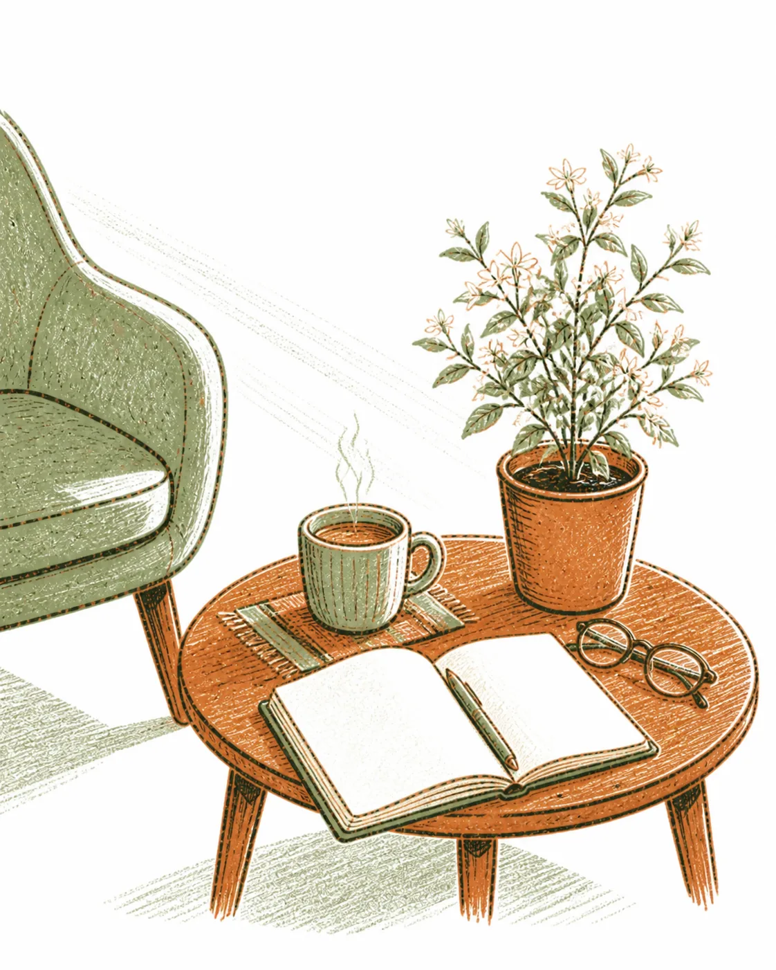 A warm morning still life: a steaming cup of chai on a woven coaster, an open notebook with a pen, reading glasses, and jasmine beside an empty sage chair