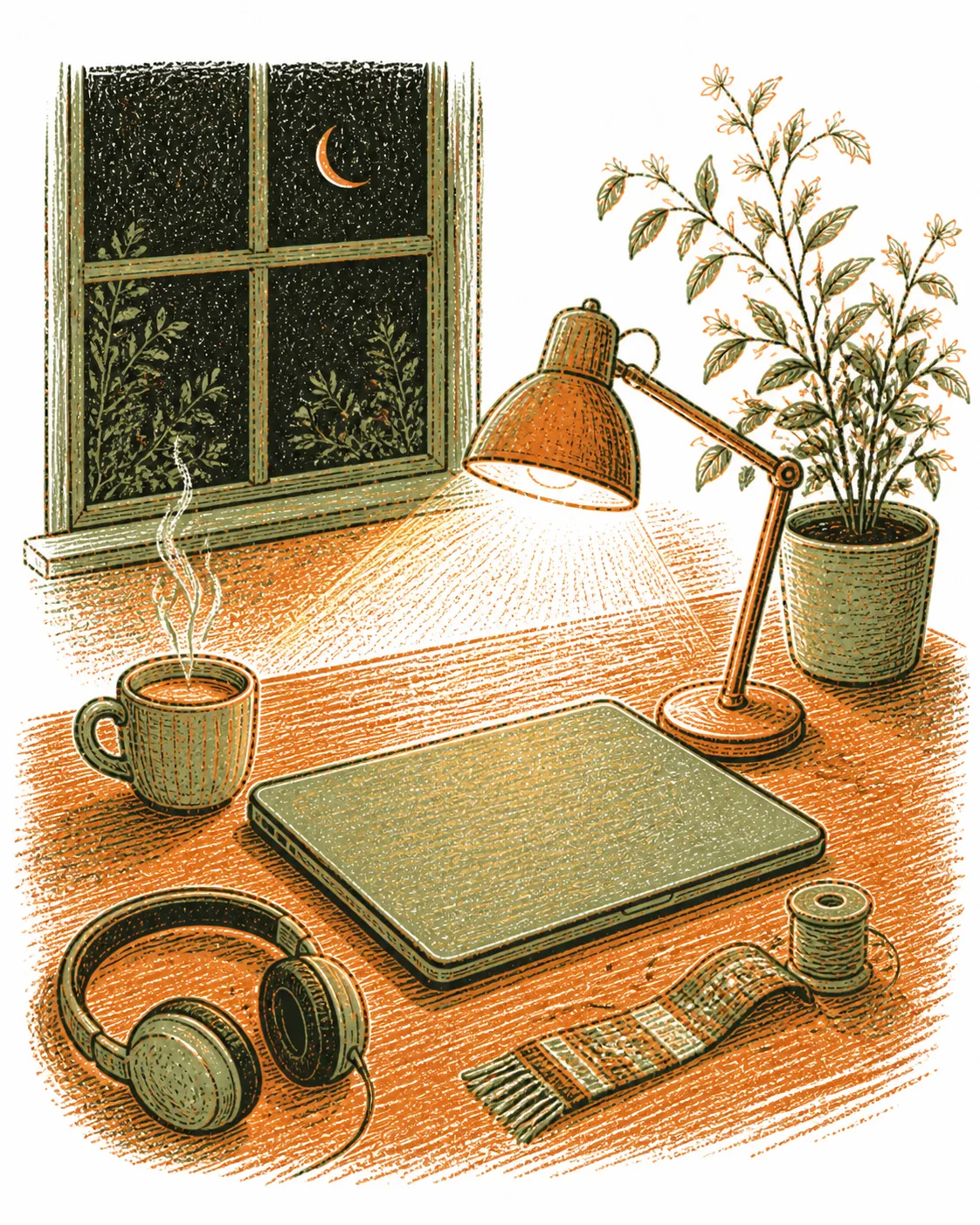 A night desk still life: a closed laptop under a warm lamp, steaming chai, headphones, a spool of thread with a small woven band, and a crescent moon in the window