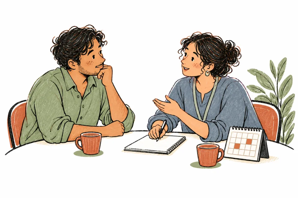 A person and a clinician plan together with a notebook and a calendar on the table.