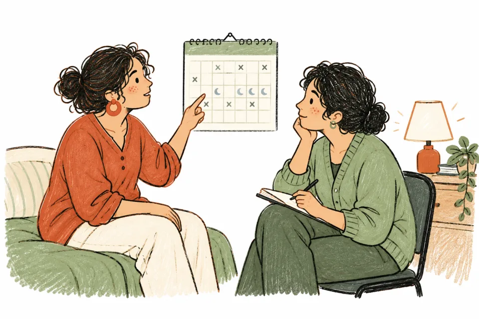 A person discussing a pattern of sleep changes using a calendar.