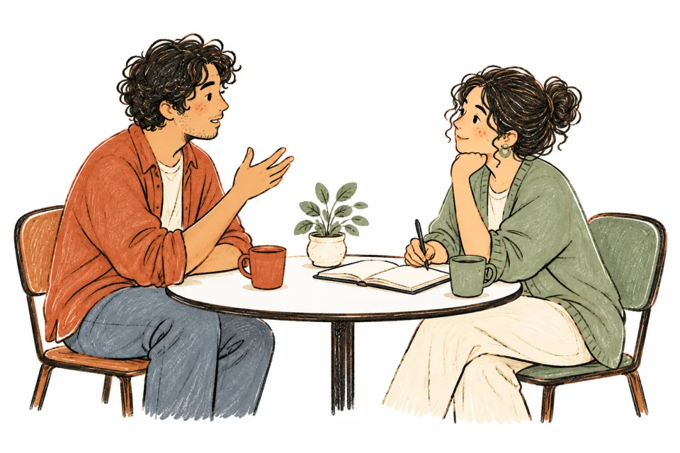 Two adults talk at a small round table. One speaks while the other listens with a notebook.