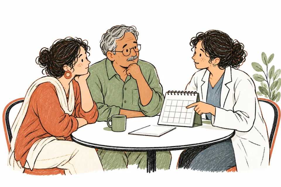 An older person and caregiver reviewing a follow-up plan with a clinician.