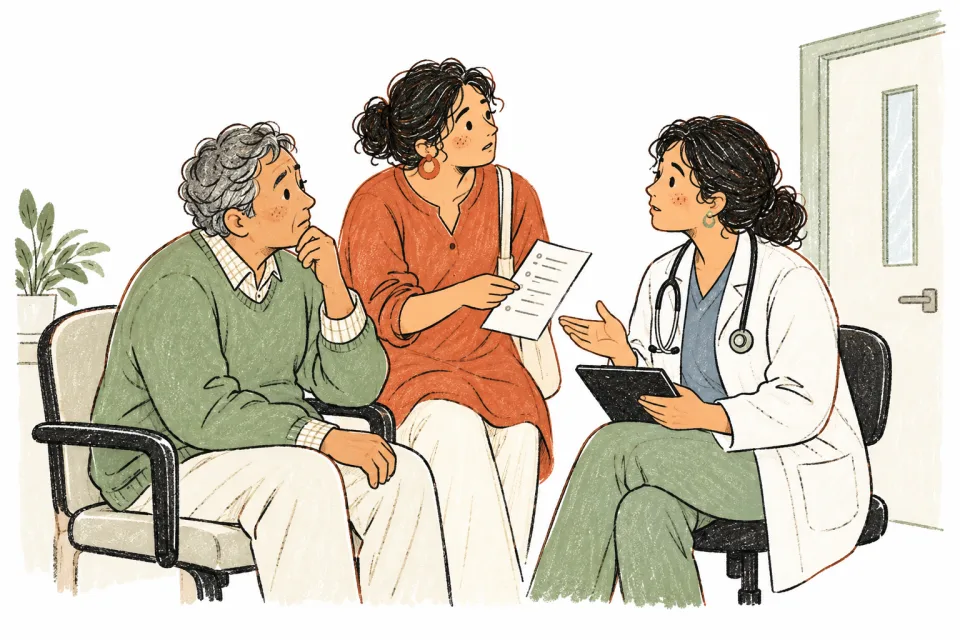 A caregiver and clinician discussing a sudden change with an older adult present.
