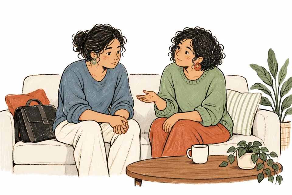 A tired person talking with a trusted companion on a sofa.