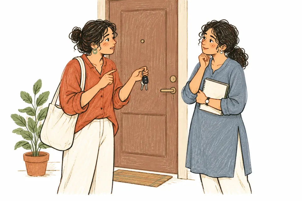 An adult holding keys while discussing a checking concern.