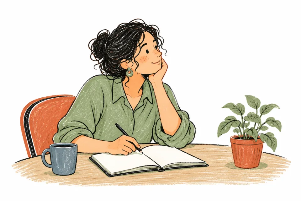 A person sits at a desk, thinking about their plans.