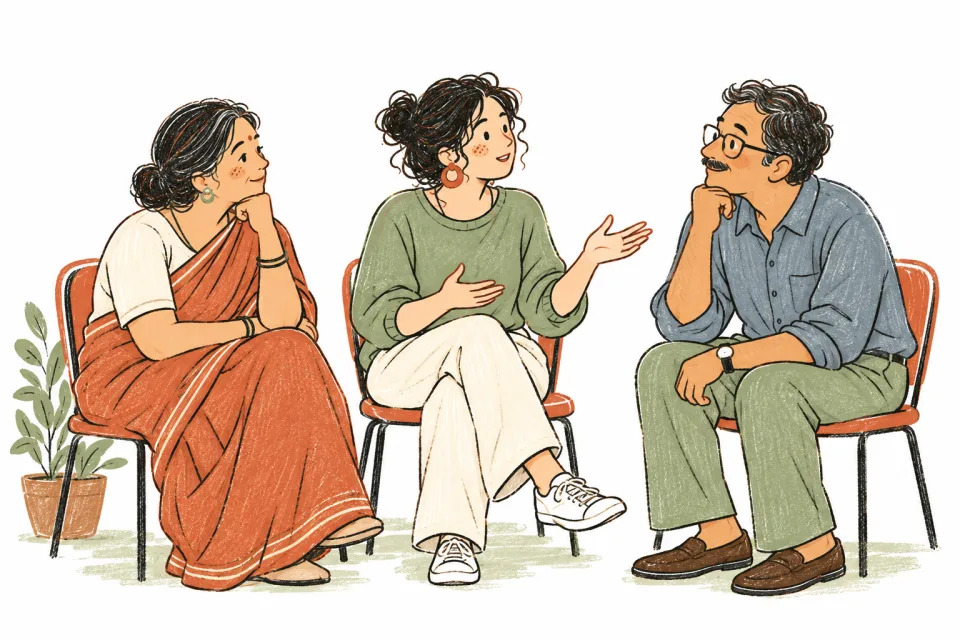 An adult talks with two family members who are listening.