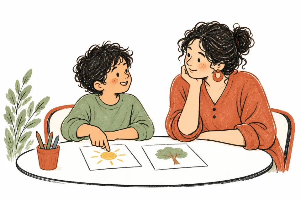 A child choosing an activity while an adult listens.