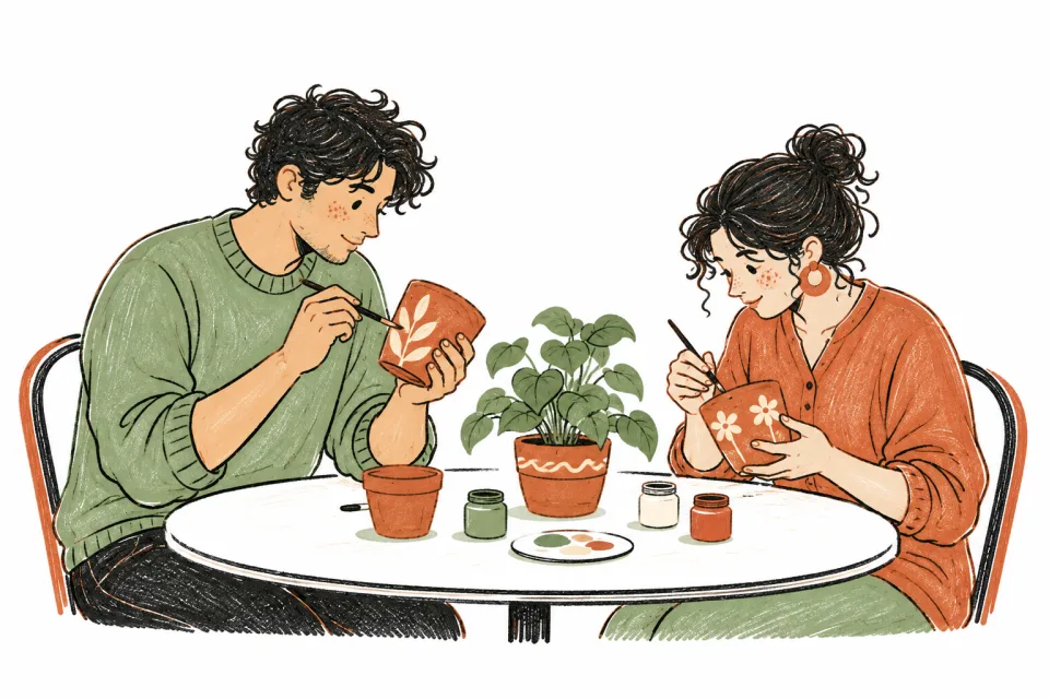 Two people painting plant pots together.