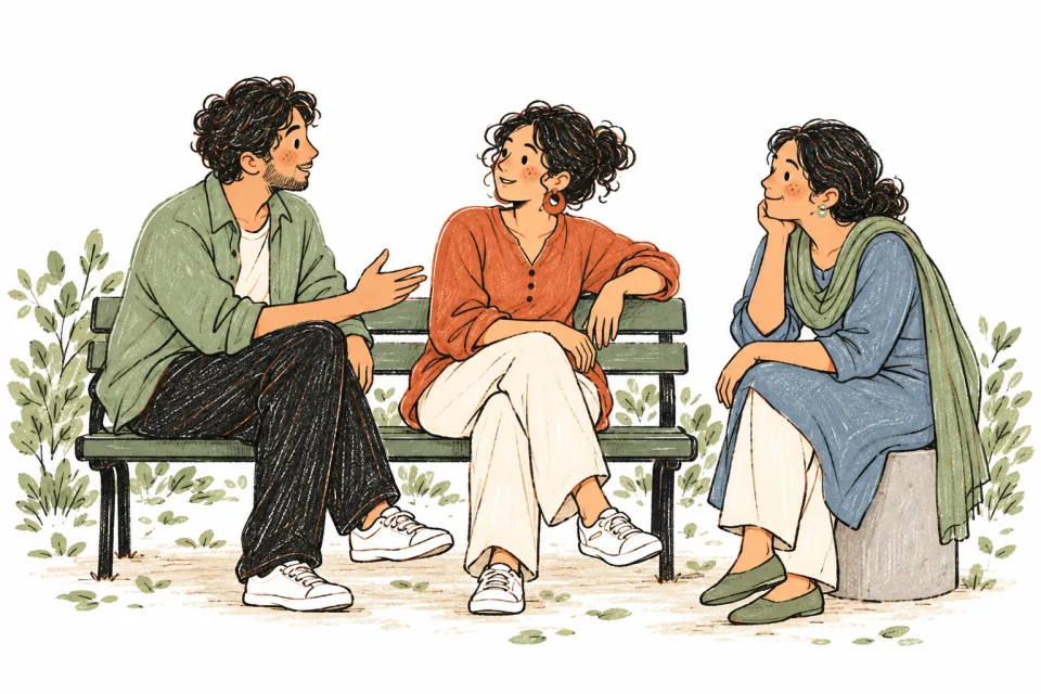 Three people talk together on and beside a park bench.
