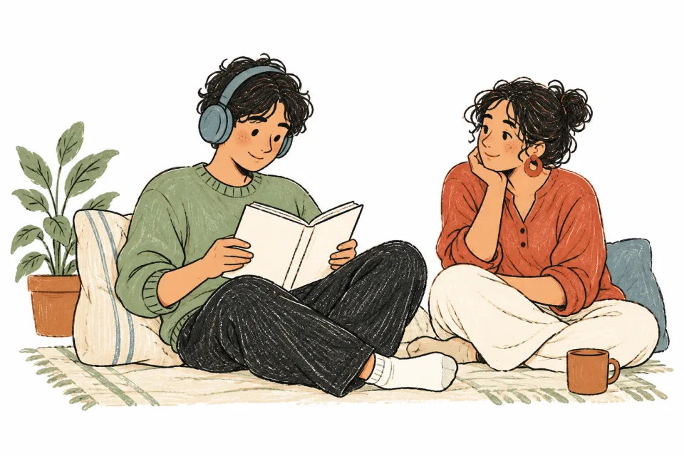 A person reading with headphones and space around them.