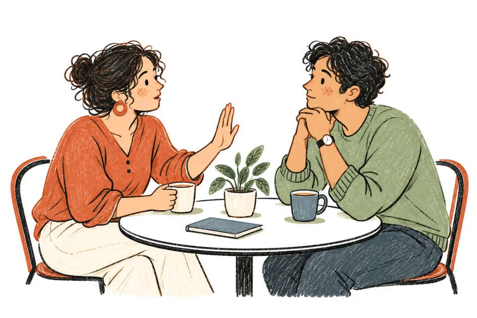 A person asking for a pause during a conversation.