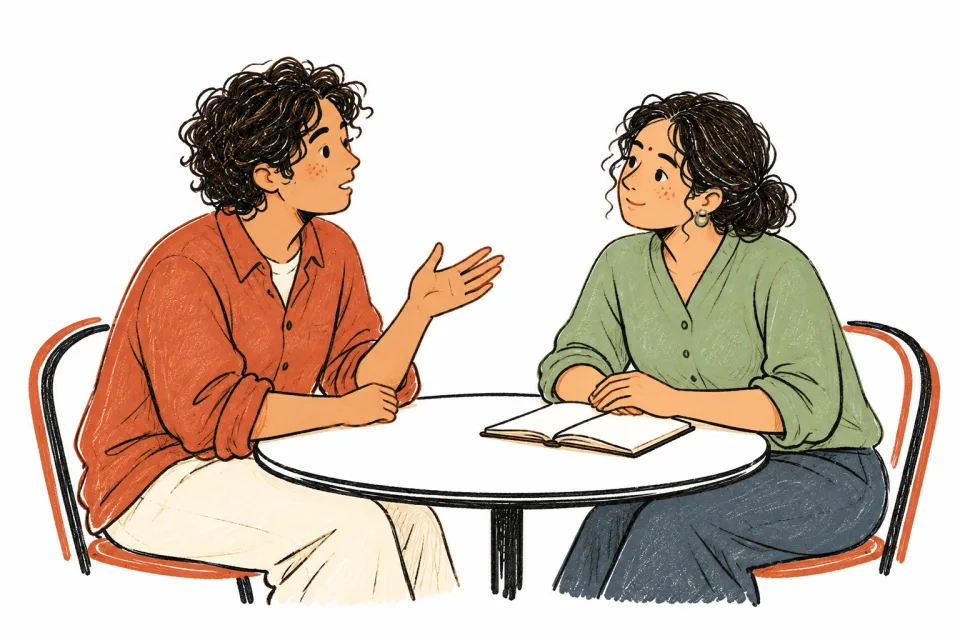 A person explaining what matters to them while a clinician listens.