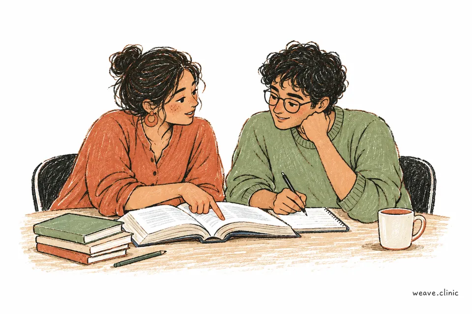 Two clinicians studying from a reference book and making notes together