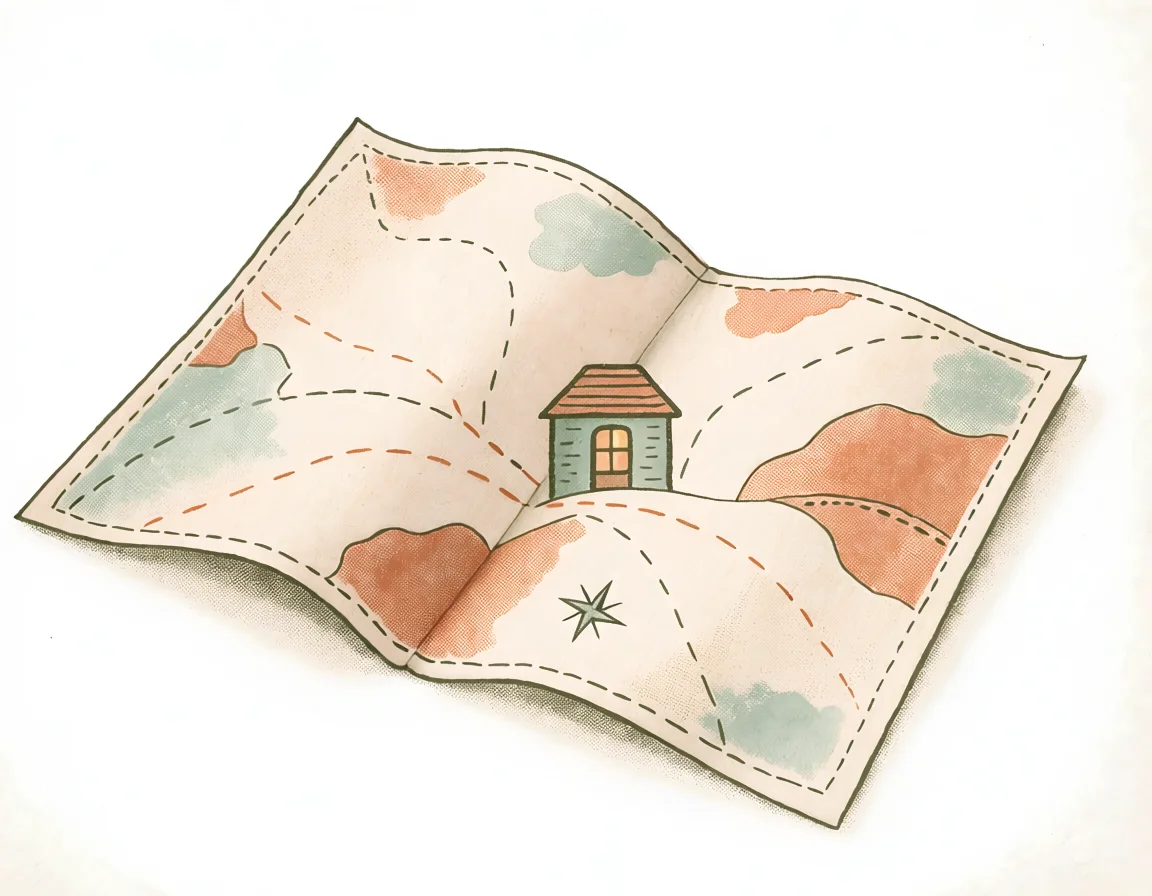 Hand-drawn cloth map with stitched dashed paths crossing gentle hills toward one small house with a lit window