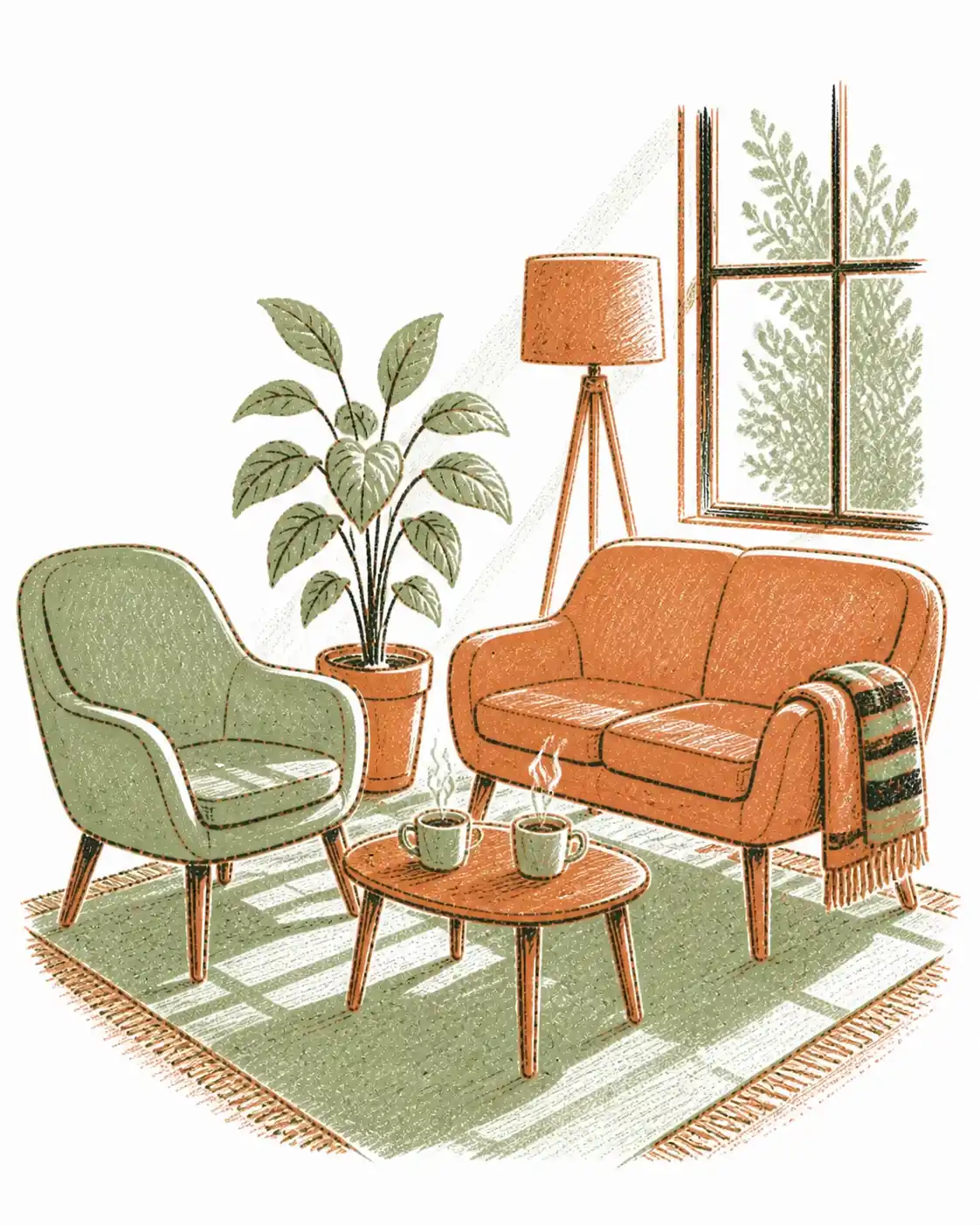A warm, sunlit therapy room: a sofa and armchair angled toward each other, two cups of chai on a low table, a lamp, a plant, and a striped woven throw