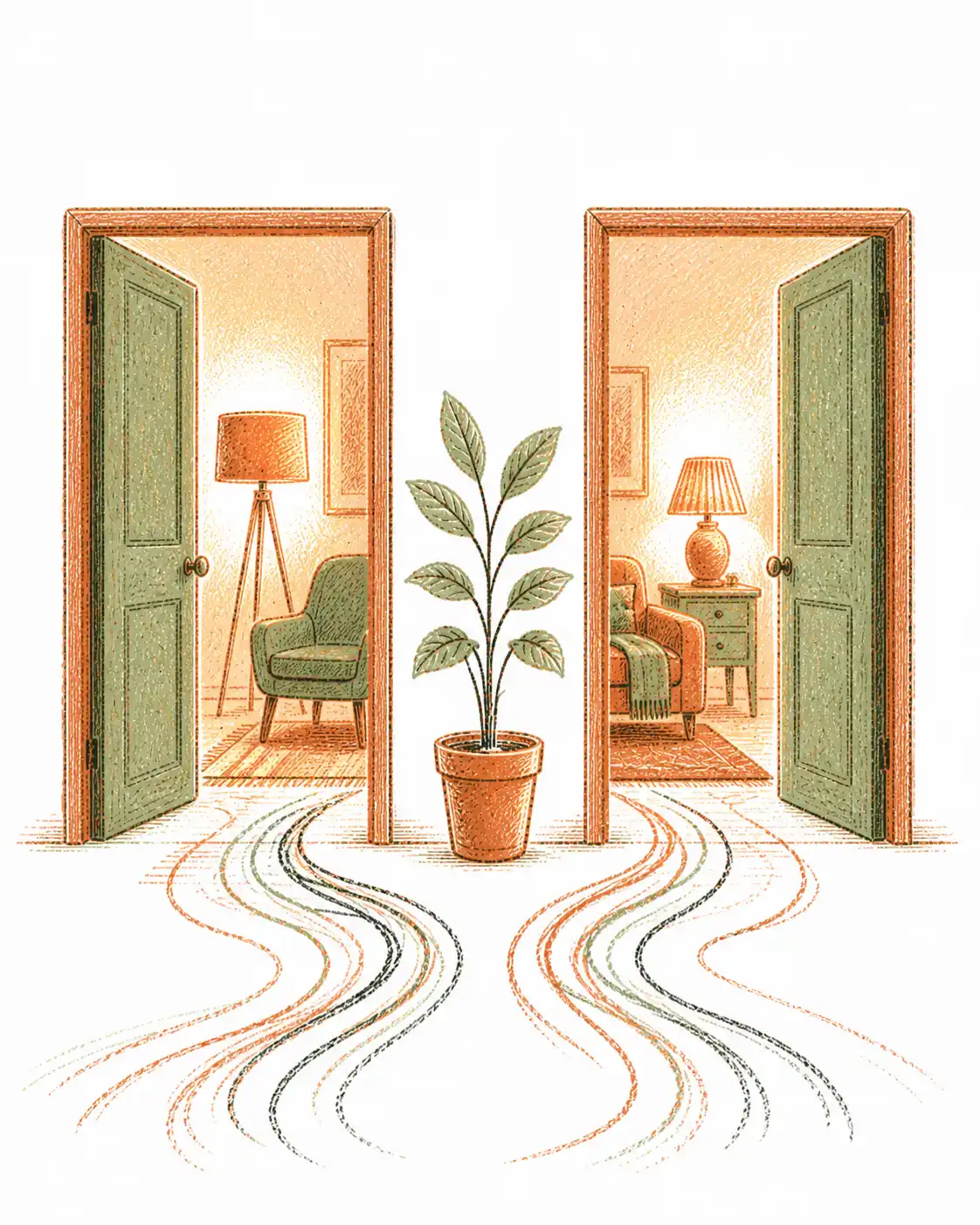 Hand-drawn pair of doorways side by side, one opening onto a desk and one onto two chairs