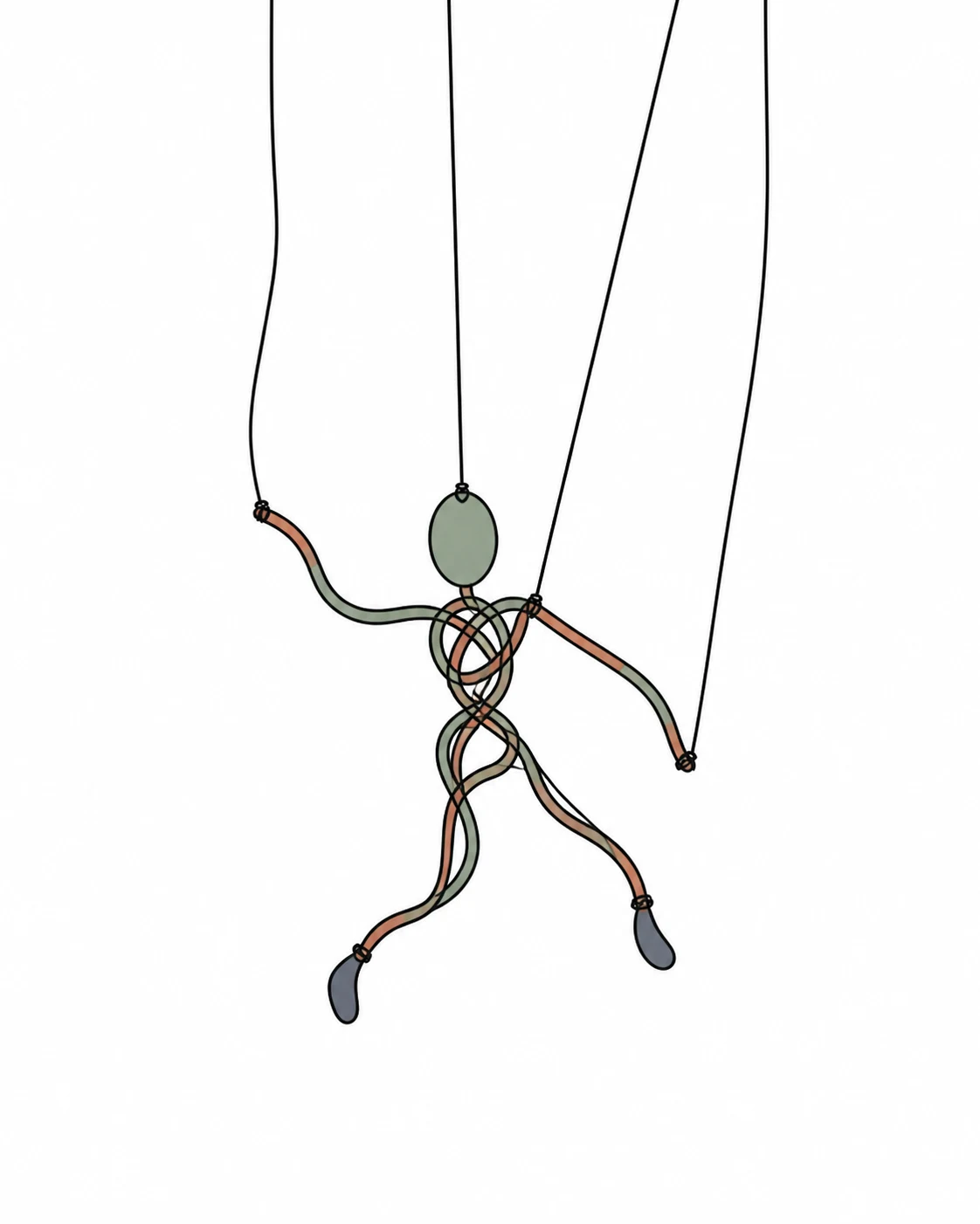 Hand-drawn rope marionette hanging from strings pulled at uneven tension