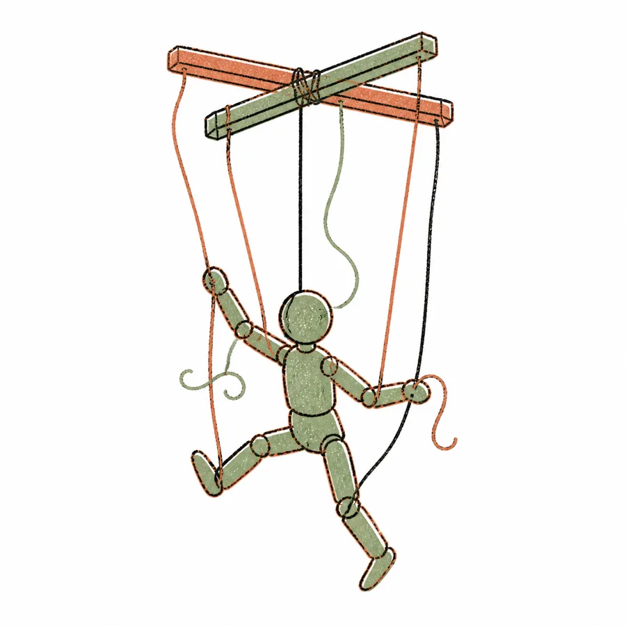 Rope marionette hanging from strings pulled at uneven tension