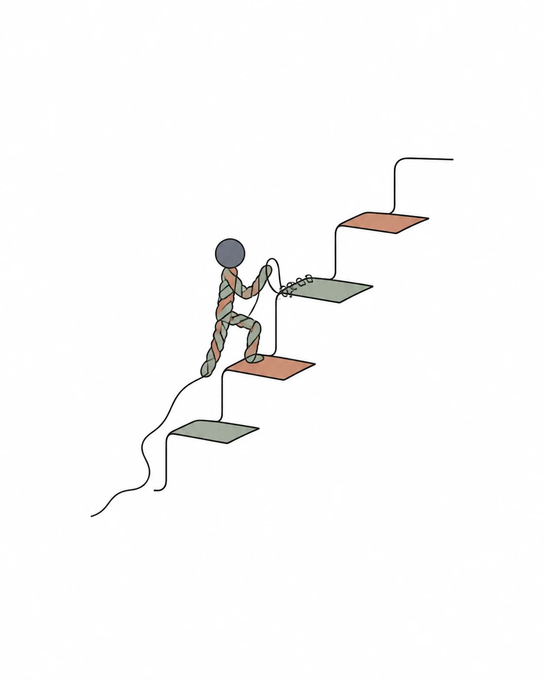 Rope figure weaving the next stair as it climbs toward light